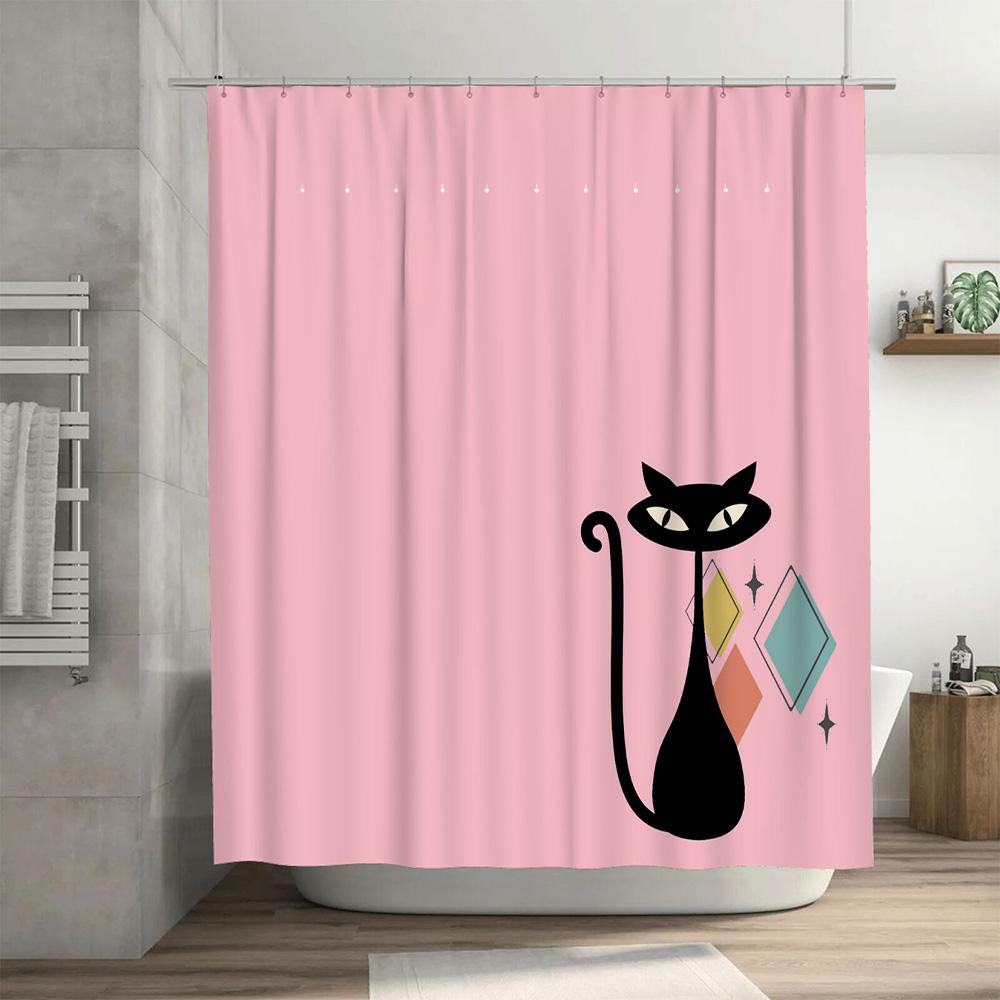 Black Cat Shower Curtain Pink Polyester Bathroom Decor Waterproof Printed Home Decoration Window Washing Cloth Set 84X7269 Piec