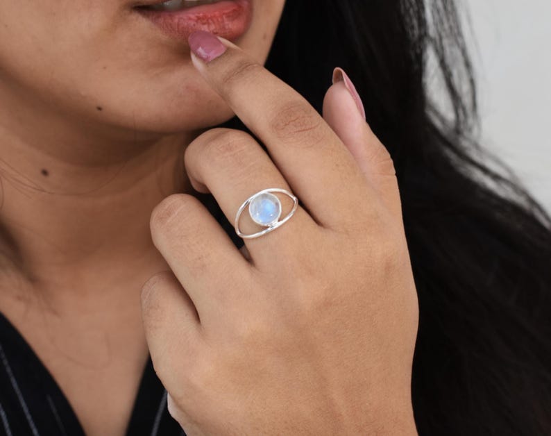 Solid 925 Sterling Silver Handmade Designer Moonstone Round Gemstone Statement Ring Unisex Gift Jewelry