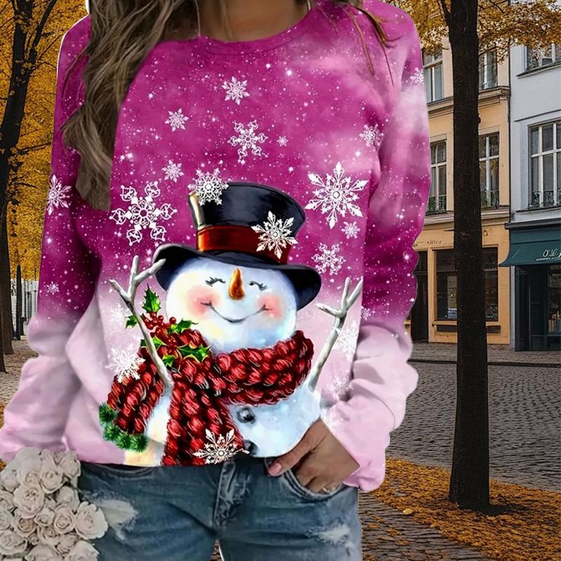 Autumn&Spring Clothing Christmas Snowman House Print Sweater Tops for Women Round Neck Long Sleeve