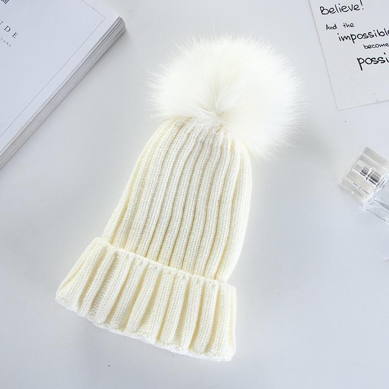 Korean Style Pom Pom Knit Beanie - Warm, Solid Color, Rolled Brim for Autumn & Winter