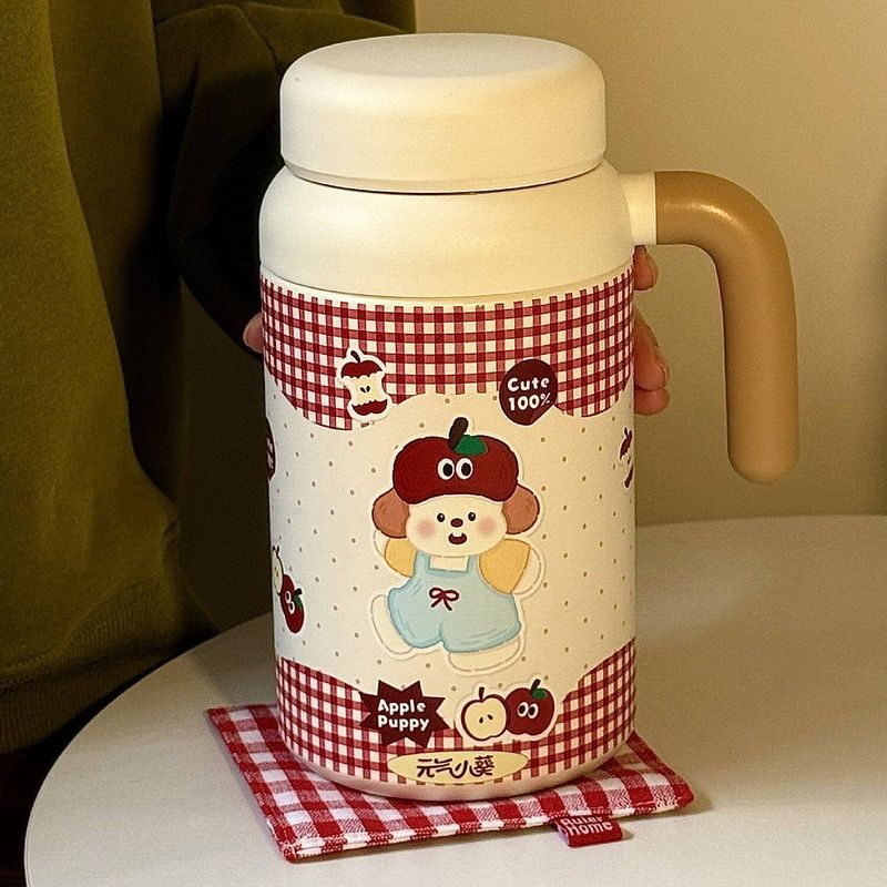 Apple Puppy Large Capacity Insulated Cup Office Water Cup for Girls 2025 New Model High-Value Stainless Steel Red Plaid Apple Puppy Thermos Cup [1000ml]
