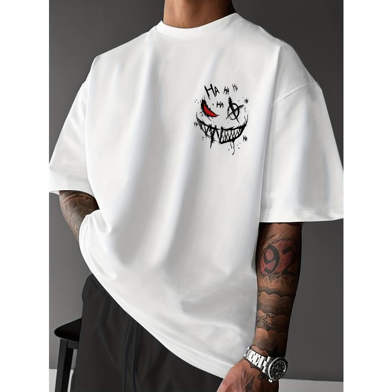 European sizes Mens T-Shirt - Evil Smile Print T-Shirt,  Breathable And Comfortable, Slightly Dropped Shoulder Design Round Neck T-Shirt