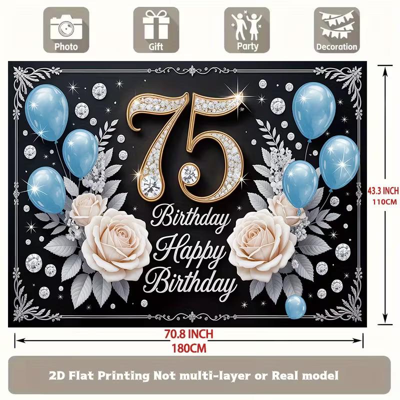 Elegant 75th Birthday Tapestry, Blue Balloons & Sparkle Background