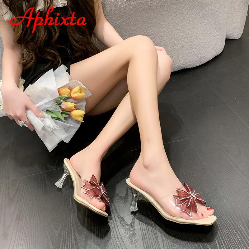 Fashion Aphixta 2025 Summer 7cm Transparent Thin Heel Flip Flops Women Luxury Crystals Bow-tie Design Open Toe Slides Sandals Cool Shoes