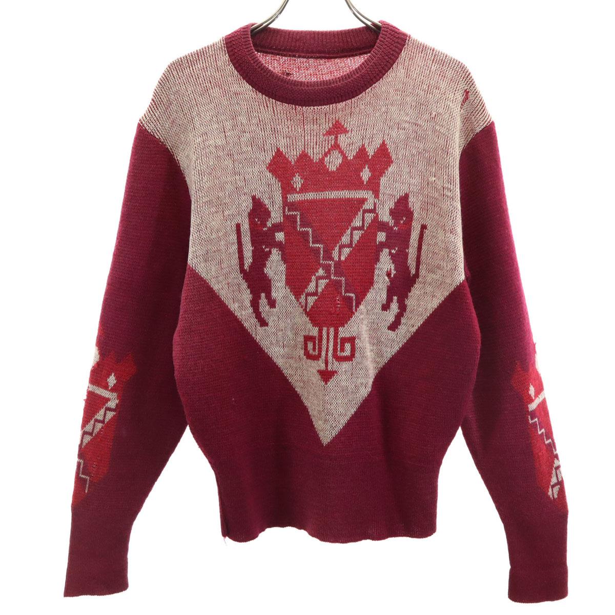 

30s vintage Emblem Pattern Long sleeve sweater Bordeaux knit Men s Used