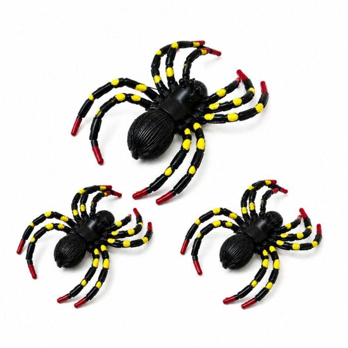Lot of 3 Halloween Spiders – 1 Spider 9 Cm and 2 Spiders 6 Cm, Black, Yellow and Red, Scary Decoration for Party