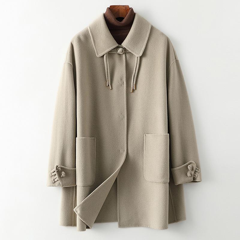 

Двустороннее шерстяное кашемировое пальто для женщин, короткое осенне-зимнее новое свободное маленькое шерстяное пальто для женщин L бежевый