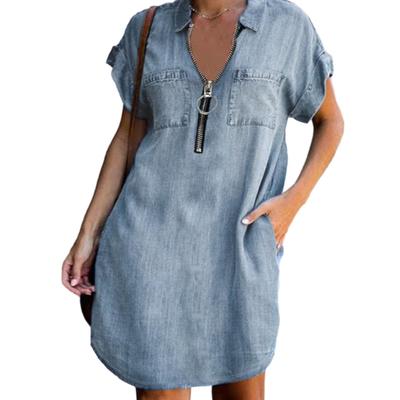 Women Mini Dress Zipper Decor Lapel Short Sleeves Patch Pockets Irregular Hem Solid Color Loose Above Knee Length Casual Lady Summer Dress
