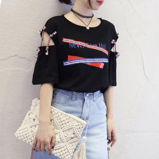 Vintage Women Letter Hollow Half Sleeve Round Neck Loose Tee Top T-shirt Bluzka