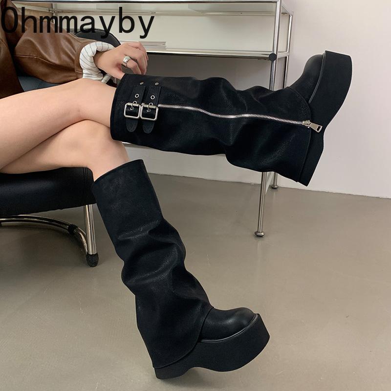 Punk Style Women Knee High Boots Designer Belt Buckle Platform Heel Shoes Autumn Winter Long Booties