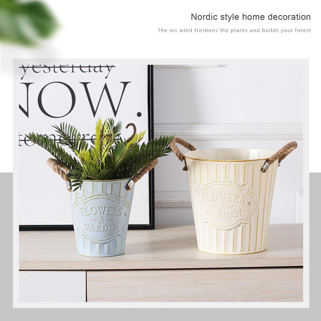 Vintage White Metal Planter Pot with Rope Handles 21cm Tall Drainage Hole Retro Style Flower Pot