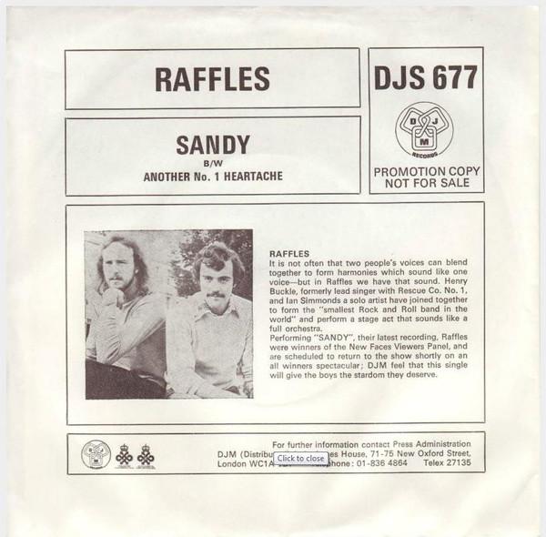 

7inch Record RAFFLES - Sandy DJS677PROMO DJM Records 1976 UK Pop Used