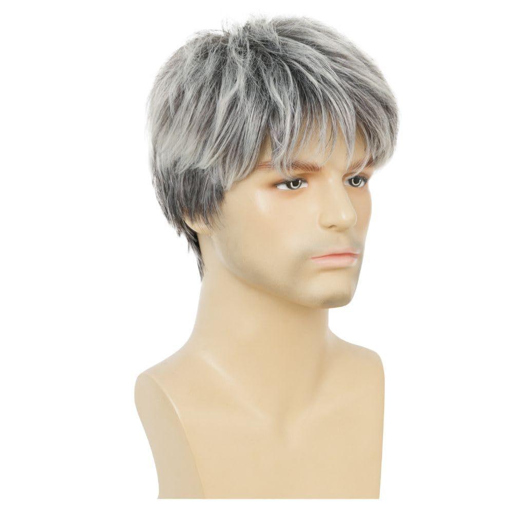 Men's Fashion Short Curly Synthetic Wigs with Bangs Mixed Black Gray Hair Daily Party Cosplay Wig Heat Resistant Fibre