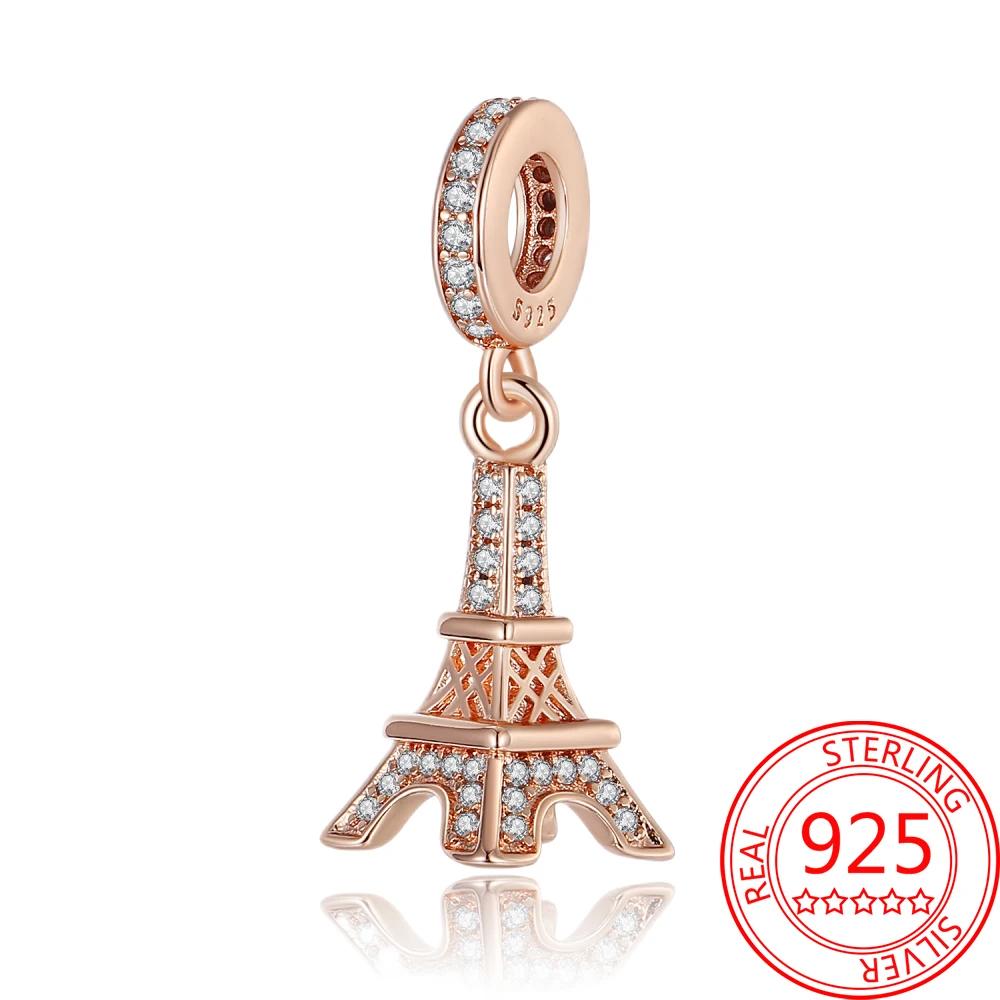 Creative 925 Silver Eiffel Tower Gold Heart Double Charm Fit DlY Bracelet Necklaces Women's Dating Jewelry Accessories