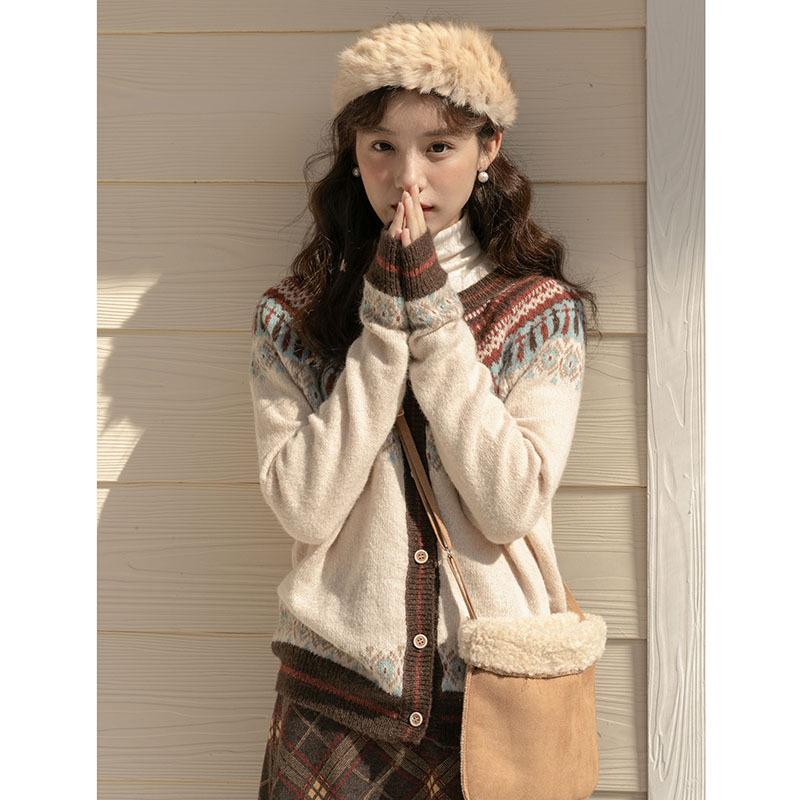 Vintage Contrasting Color Fair Island Sweater Jacket Autumn and Winter Retro Soft Waxy Knitted Cardigan Tide