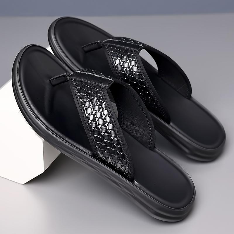 

Летние мужские удобные плетеные кожаные шлепанцы модная корейская версия нескользящая пляжная обувь тапочки с зажимом для носка набор тапочек 44