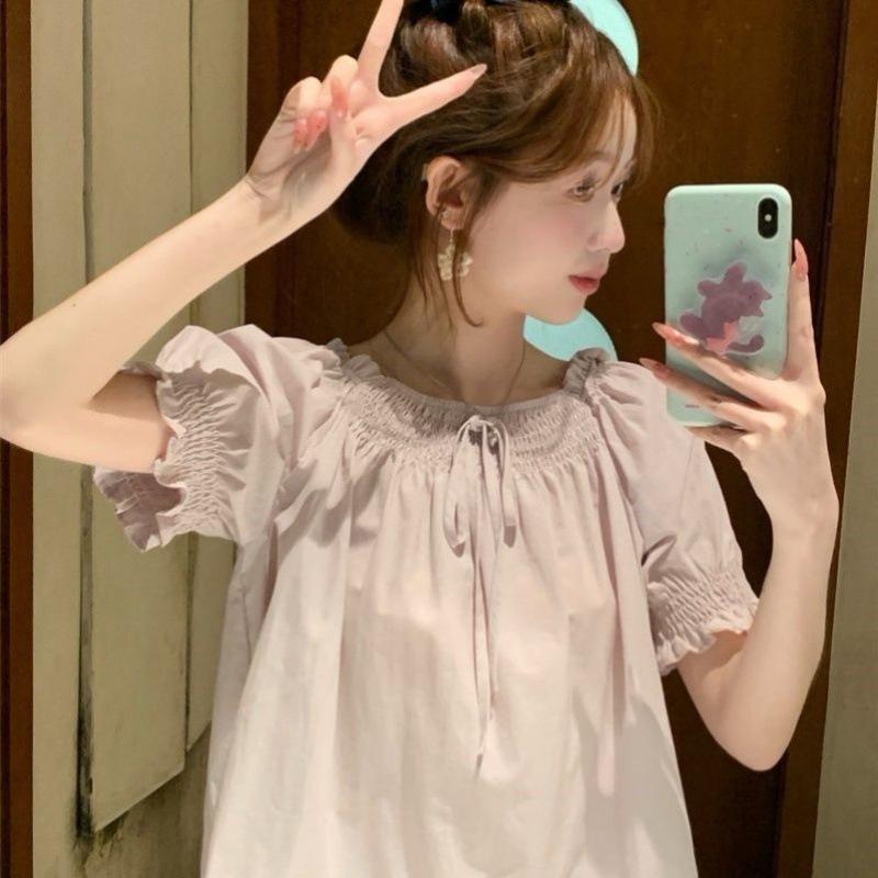 Versatile Bubble Sleeve Age-reducing Lace Edge Short-sleeved Shirt Women's Summer Lace-up Loose Top Bubble Sleeve Top Women's