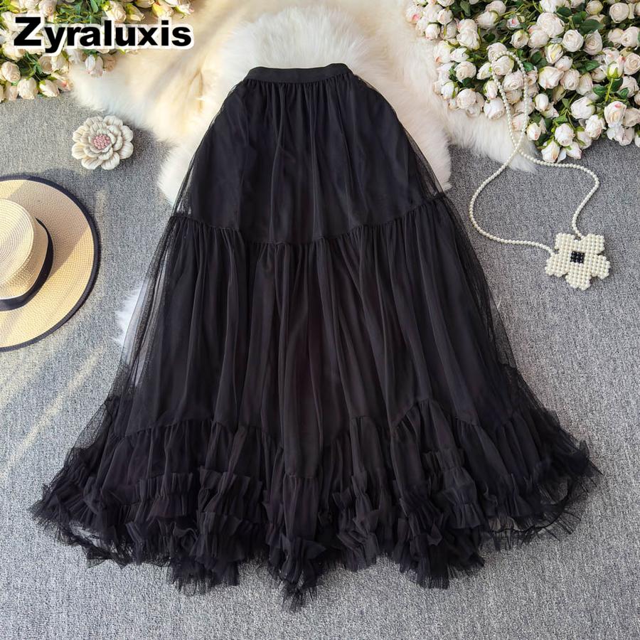 Summer New Fairy Misty Slimming A-Line Mesh Half-Length Skirt Sweet Wood Ear Trim Fluffy Long Dress One Size