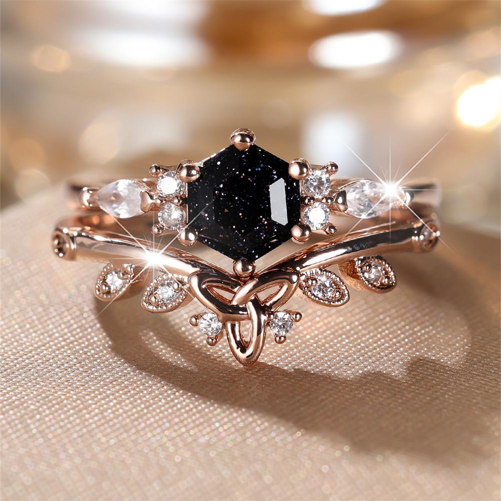 S/set Luxury Crystal Hexagon Stone Engagement Promise Ring Sets For Women Rose Gold Color White Zircon Flower Wedding Jewelry