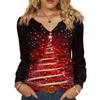 Women's Fashionable Casual V-neck Blouse Button Christmas Printed Long-sleeved Pullover T-shirt Top