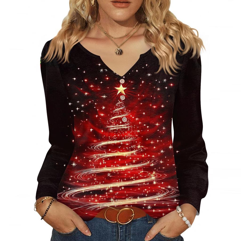 Women's Fashionable Casual V-neck Blouse Button Christmas Printed Long-sleeved Pullover T-shirt Top