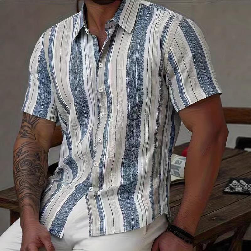 2026 Men's Summer New Style Turn-down Collar Striped Short-sleeve Casual Versatile Shirt
