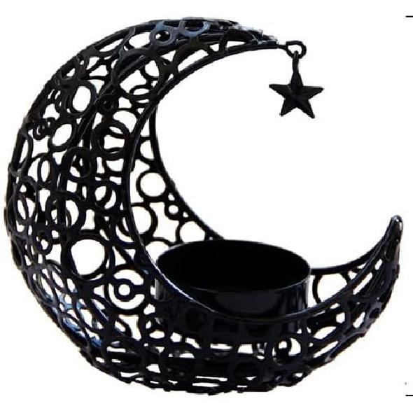 Crystal Pillar Candle Holders Moon Shaped,Metal Candle Holders Moon Candle Stand,Decorative Candlestick Holders for Table Centerpiece,4x3.8Inch,Black чёрный