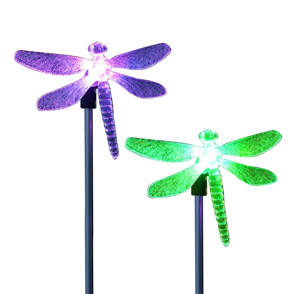2 Pack LED Solar Garden Stake Light Multi Color Changing Dragonfly Garden Decor Figurines Lights Outdoor Landscape