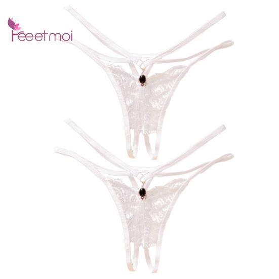 2Pcs Erotic G-String Women Lace Through Hollow Out Open Crotch See Underwear