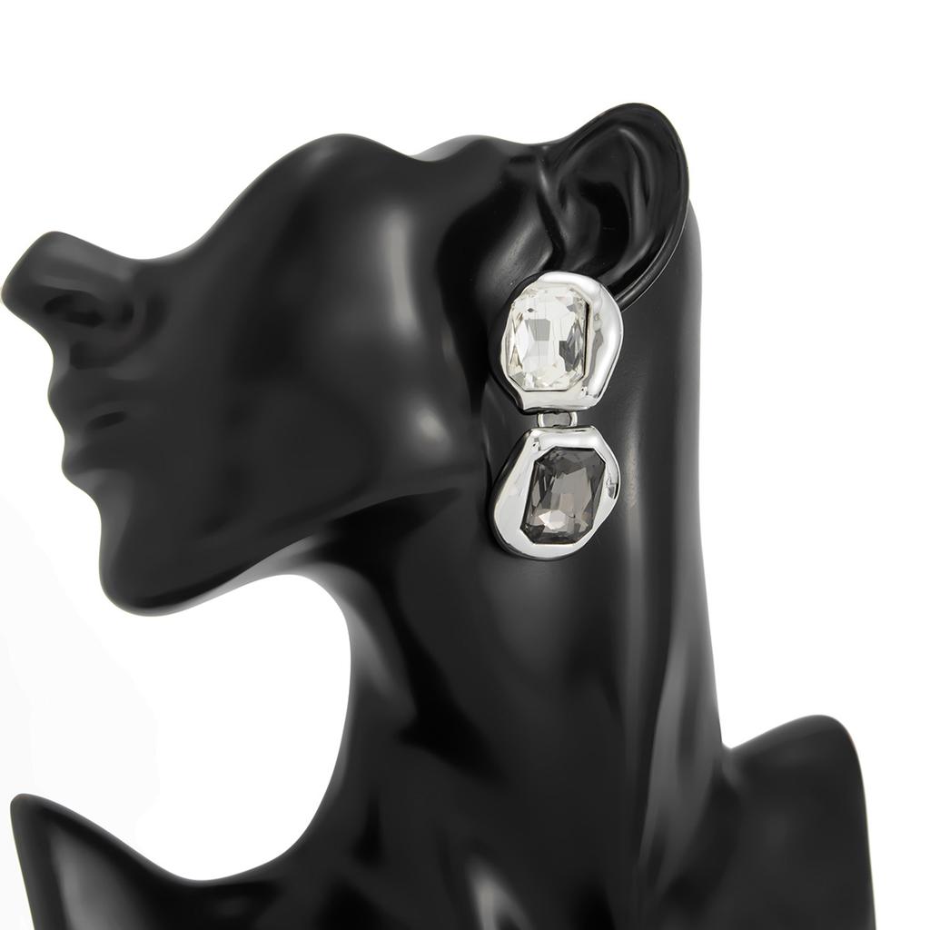 18K Silver Plated Two Tone Crystal Pendant Earrings, Stainless Steel Large Gemstone Declaration Earrings, Women's Modern Jewelry