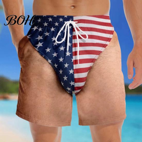 Quick Dry Board Shorts Funny Patriotic Men Shorts, American Stars And Stripes Swim Trunks, Novelty Printed Water Drawstring Waist for Summer