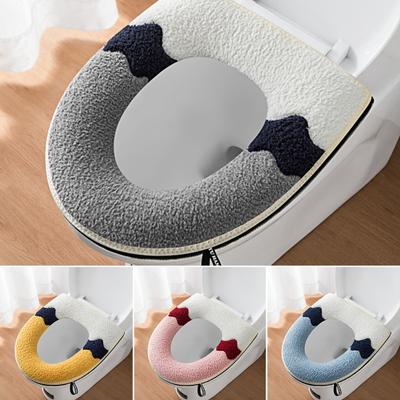 Toilet Seat Cover Ultra Soft Keep Warm Winter Color Matching Plush Zipper Closestool Mat with Handle for Hotel