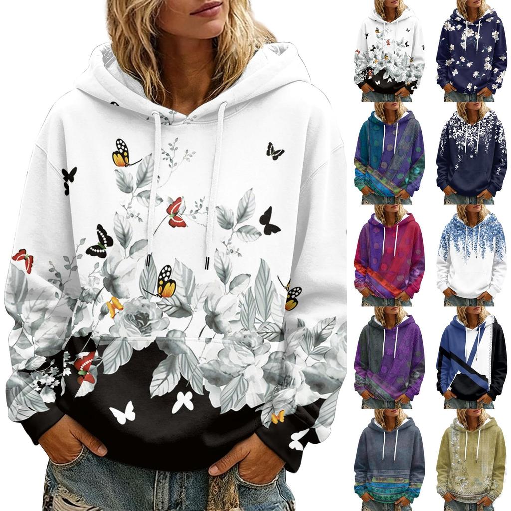 Women's Floral Print Long Sleeve Hoodie with and Pockets for Casual Wear