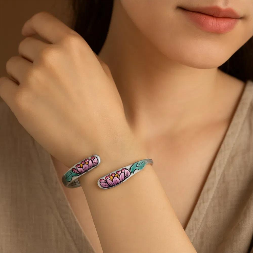 Charm Chinese Style Bracelets Vintage Cloisonne Open Bangle Fashion Lotus Copper Bangle  Party