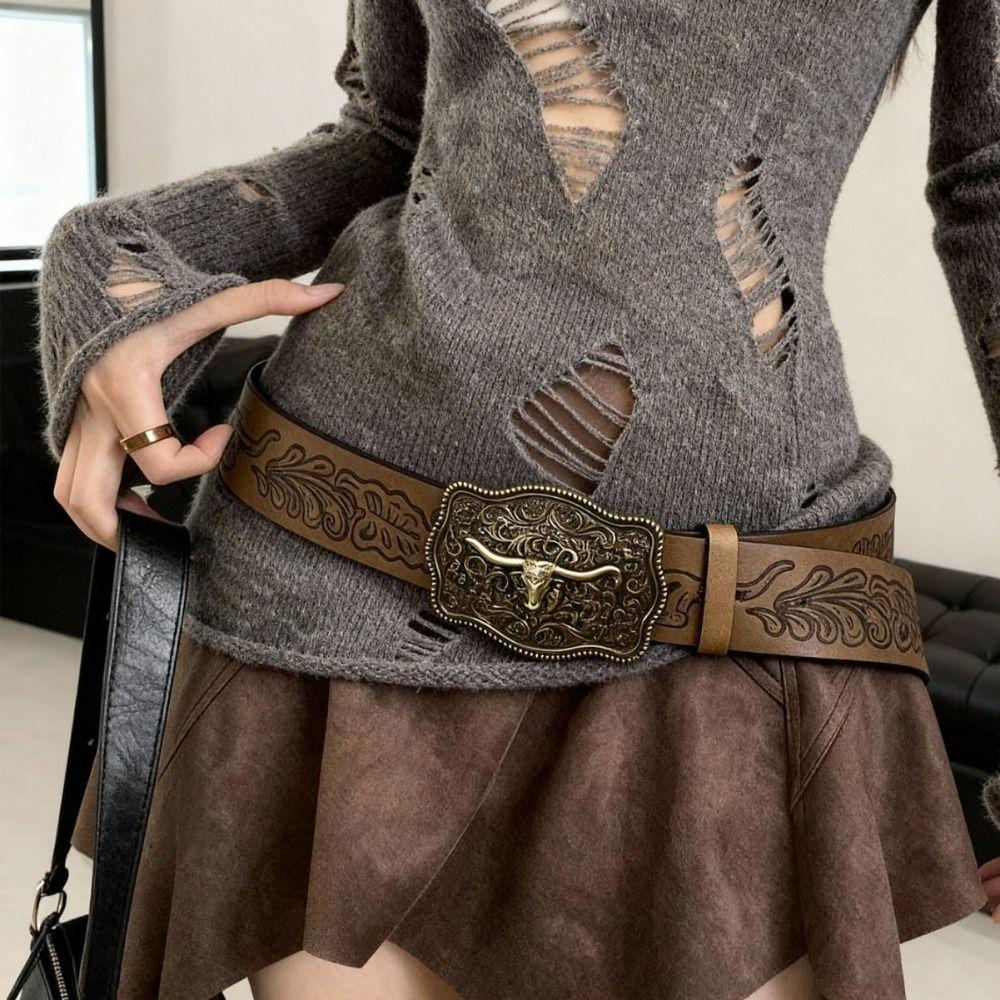 Cow Head Buckle Western Cowboy Belt Retro Waistband Fashion Embossed Belt  For Man Women