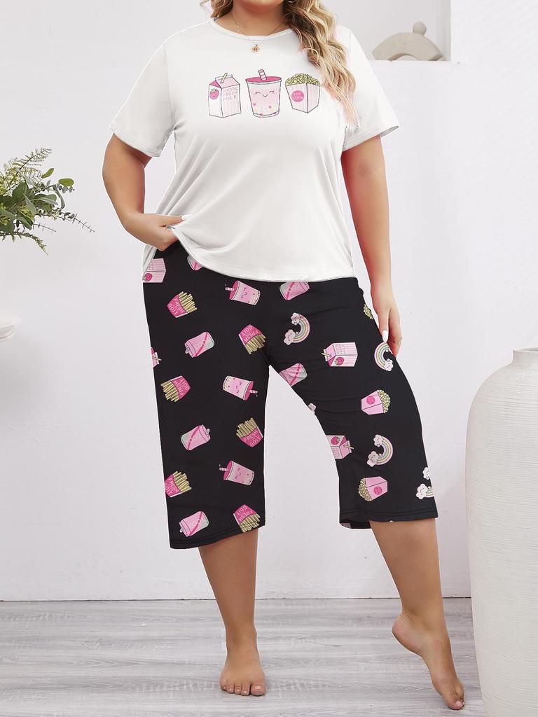 Summer Love Print Pajama Set: Short Sleeve Top & Seven-Point Pants, Plus Size
