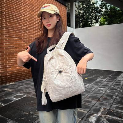Schoolbag Nylon Solid Color Simple Travel Backpack Casual Versatile Student Schoolbag Solid Color Pleated Bow Backpack