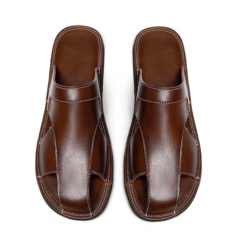 Men's Versatile Genuine Leather Beach Sandals, Sizes 46-47, Soft Sole Cowhide Summer Thong Slippers