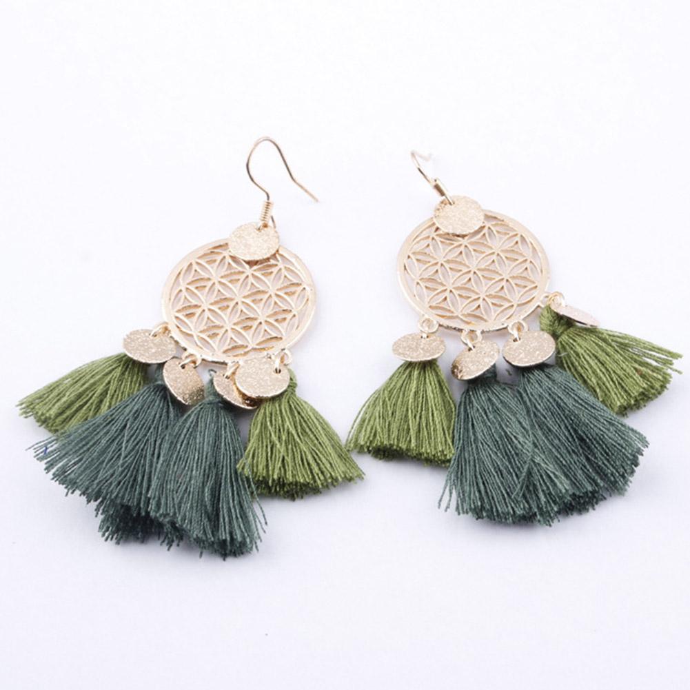 Women Stylish Hollow Out Dream Catcher Design Tassel Earrings