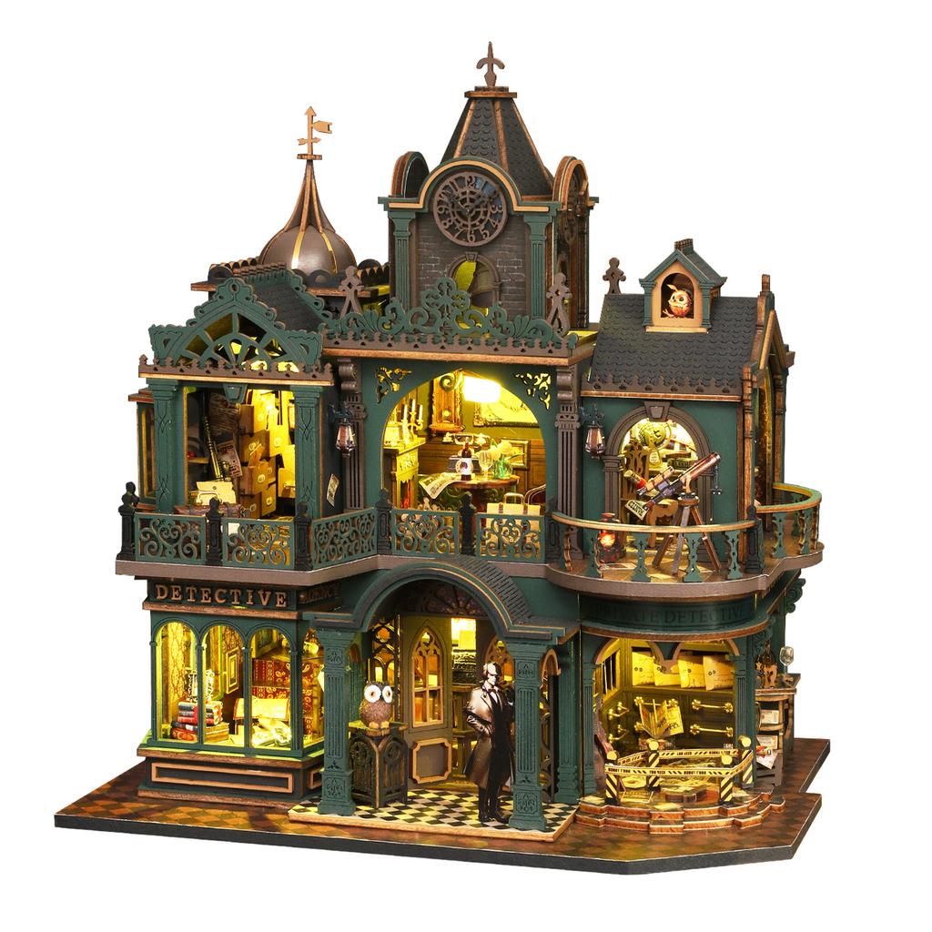 Jiate DIY Dollhouse Green Detective Agency Wooden Miniature Villa Model Kit Handmade Stress Relief Birthday Gift for Men Decorative Ornament