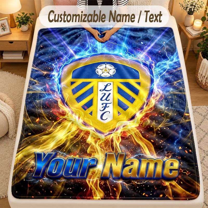 Flannel BlanketLeeds United Custom Name Text Personalized Soft Warm Throw Blanket Home Decor Gift