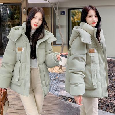 Lockere Daunen-Baumwolljacke im koreanischen Stil für Damen in Designer-Grün mit Kapuze
