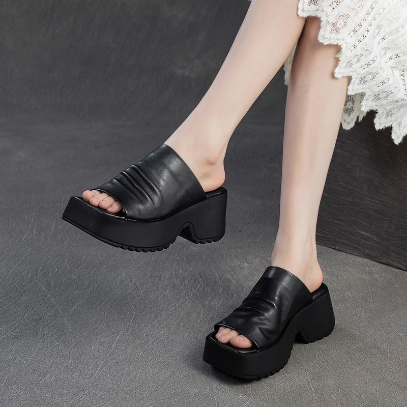 Johnature Retro Peep Toe Venkovní Platformové Pantofle Pravá Kůže Pohodlné Zvyšující Výšku Dámské Boty