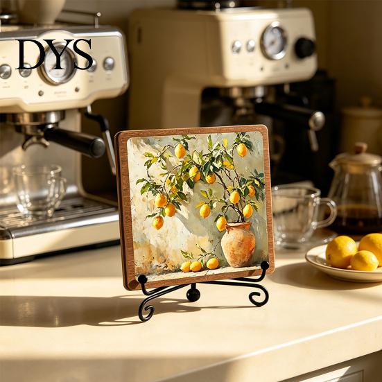 Vintage Lemon Oil Painting Decor Wooden Tabletop Sign, Pastoral Farmhouse Decorative Plaque with Handcrafted Art Iron Stand, Rustic Desktop