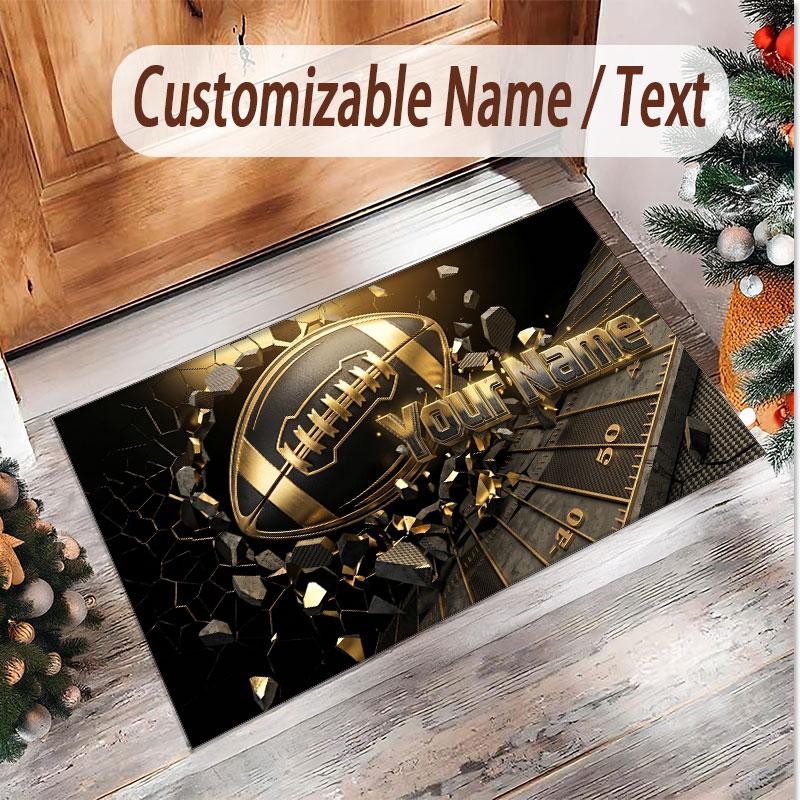 American Football Theme Soft Crystal Velvet Rug Custom Name & Text Print Non Slip Floor Rug for Bedroom Living Room