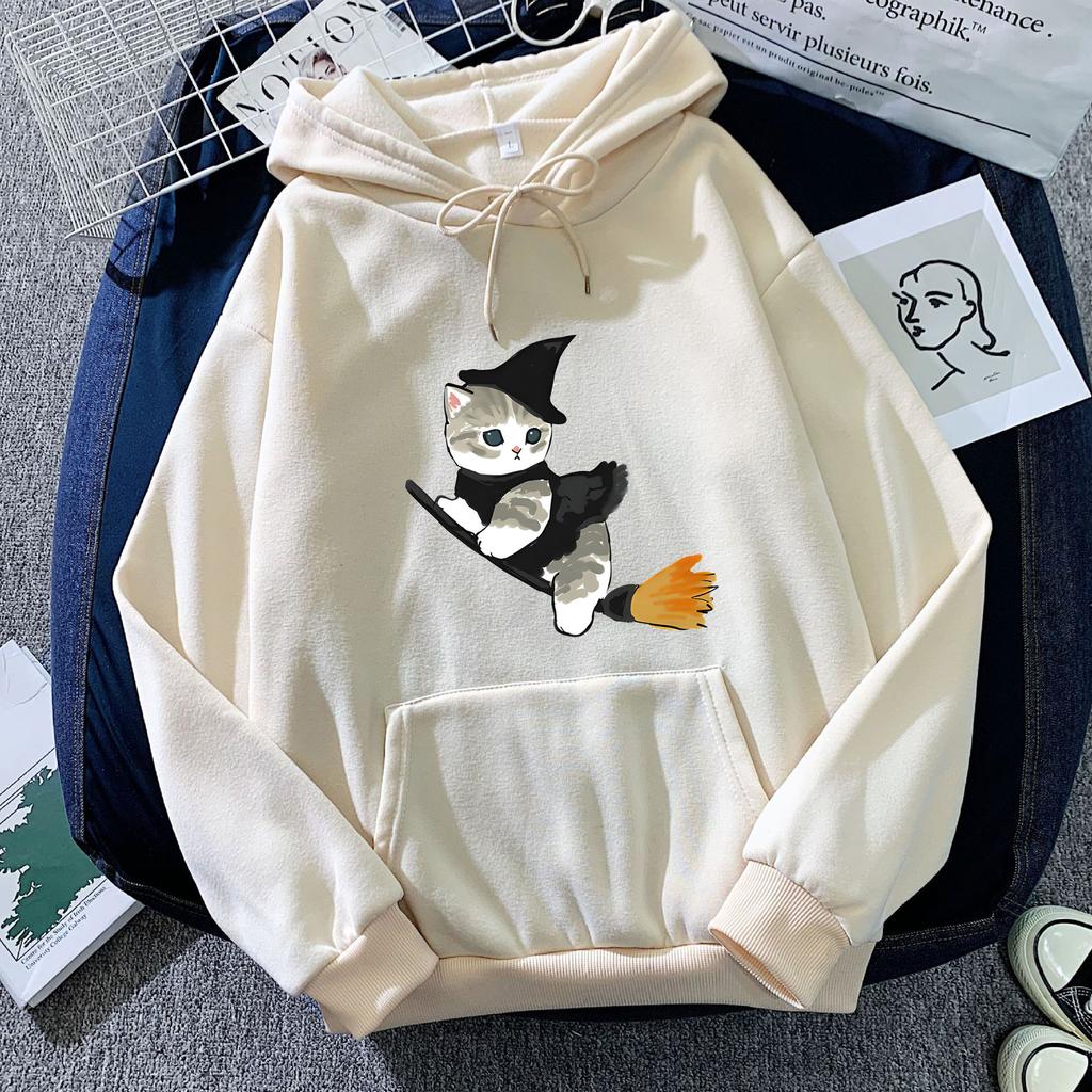 European and American Autumn and Winter Witch Cat Print Hoodie Sweatshirt for Men and Women, Korean Style Casual Tops for Couples
