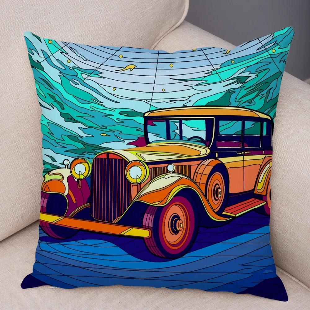 Both Sides Pillow Case Decor Happy Camper Cartoon House Travel Car Cushion Cover for Sofa Home Super Soft Plush Pillowcase