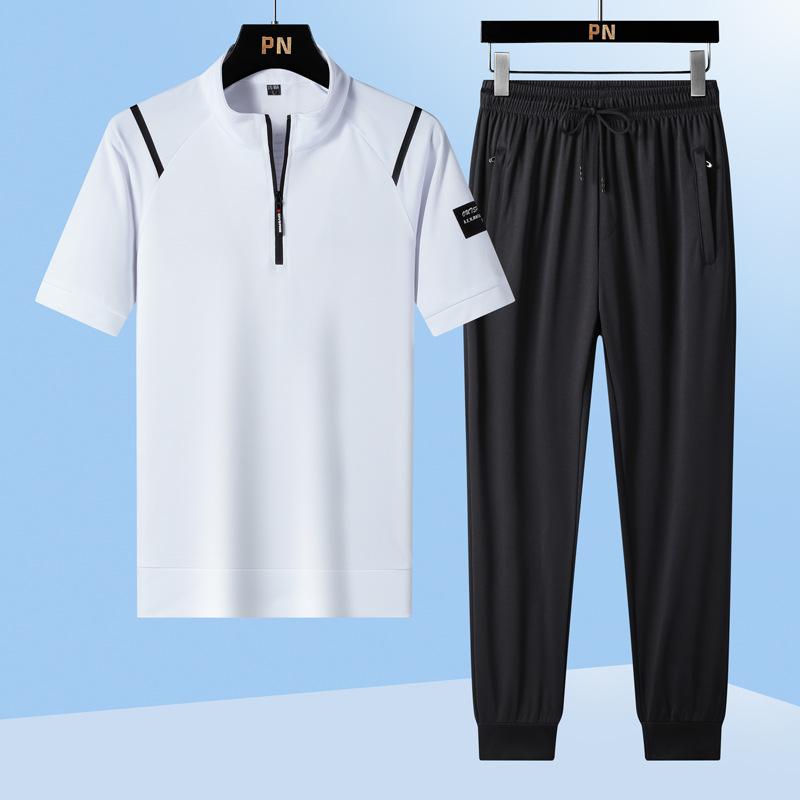 

Большой размер Летний повседневный спортивный костюм с короткими рукавами Ice Silk Быстросохнущий футболка мужские брюки воротник-стойка свободный крой L/50-60KG белый