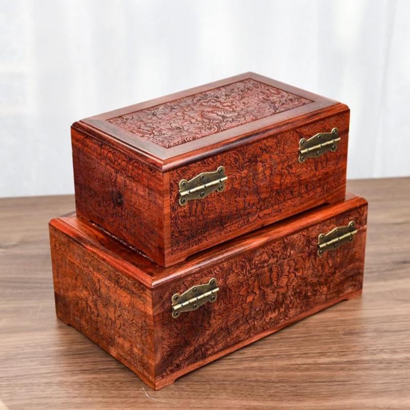 Sandalwood Jewelry Storage Box Valuable Jewellery Protect Case Peony Trinket Collection Boxes Household Lockable Organizer Cases