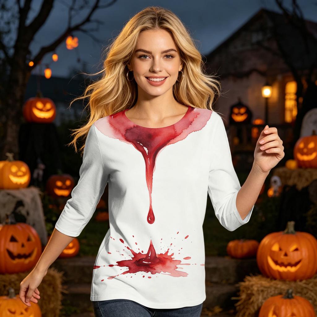 Women's Casual Halloween Print Three Quarter Sleeve Round Neck Top Comfortable Fit Lightweight Fabric Stylish Design